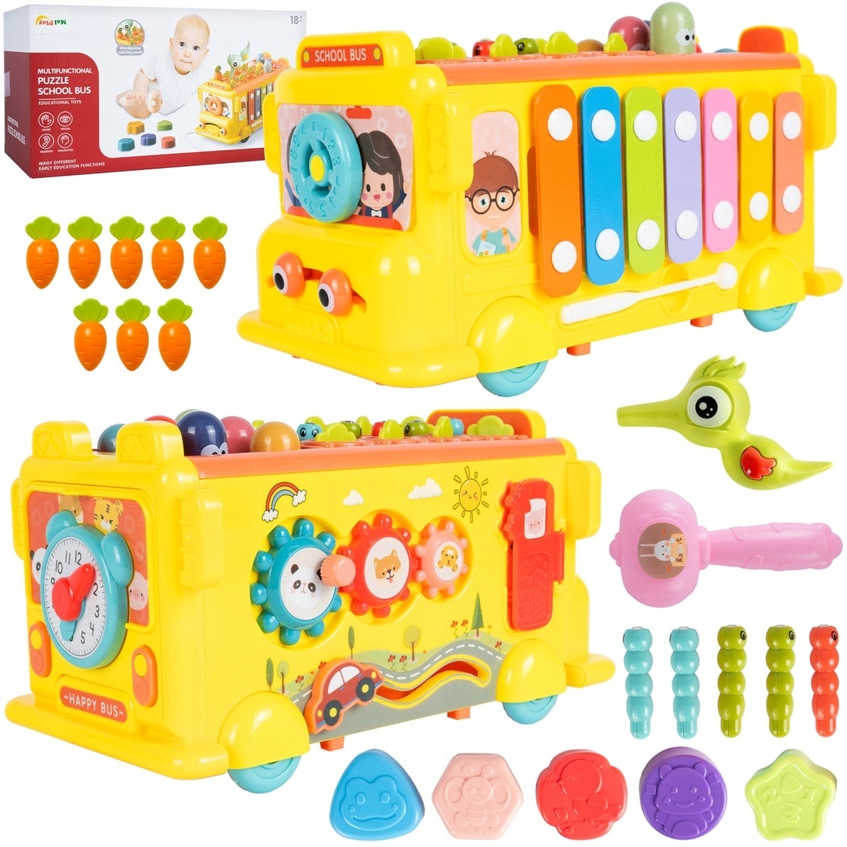Autobus Edukacyjny Sorter Montessori Klocki Złap Robaczka z Cymbałkami