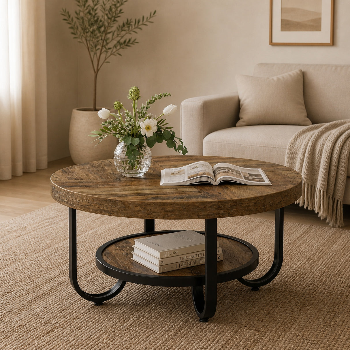 Stolik Kawowy HOGA-ZF0009X 80x80x45cm Czarny Brązowy Płyta MDF Wodoodporny