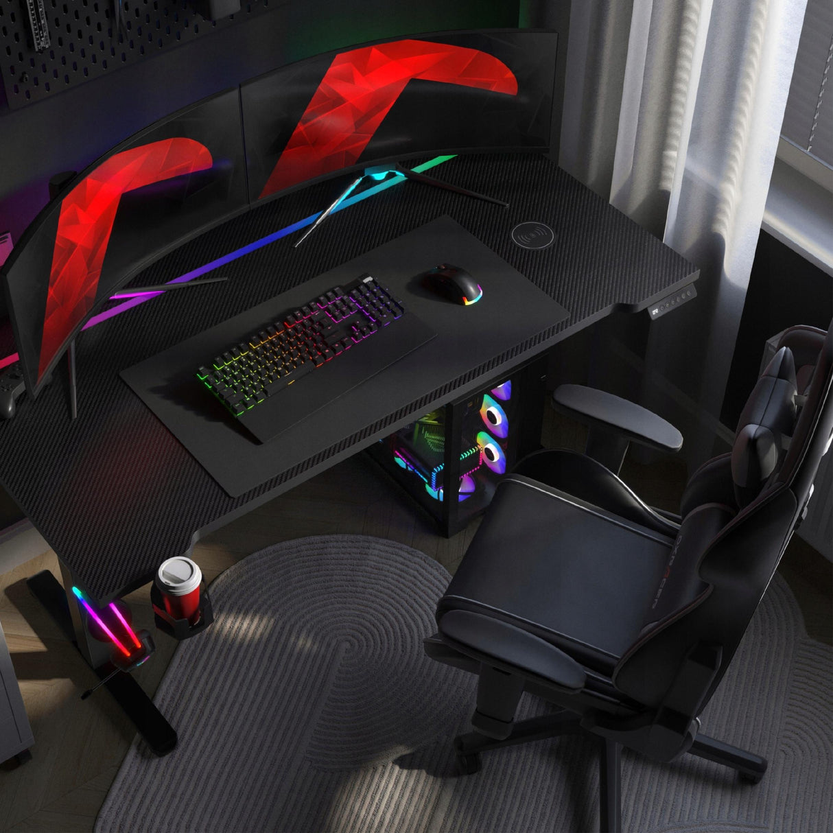 Biurko Gamingowe Elektryczne Regulowane Pilot RGB LED Karbon Czarne 140 cm