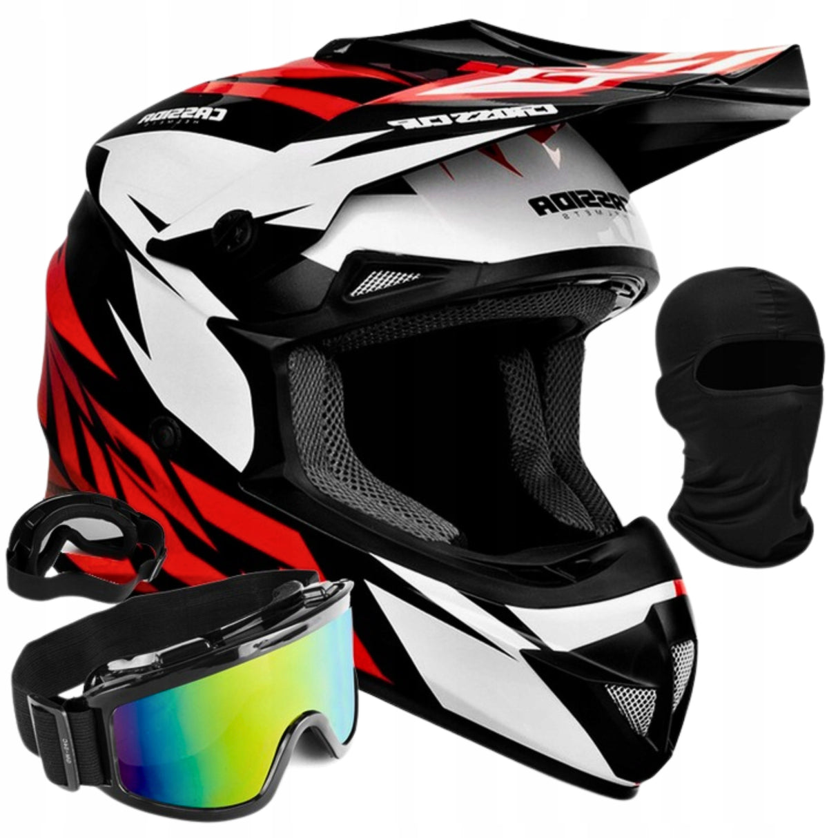 Kask Motocyklowy Cross Cup/Two + Gogle, Kominiarka, Czerwony M