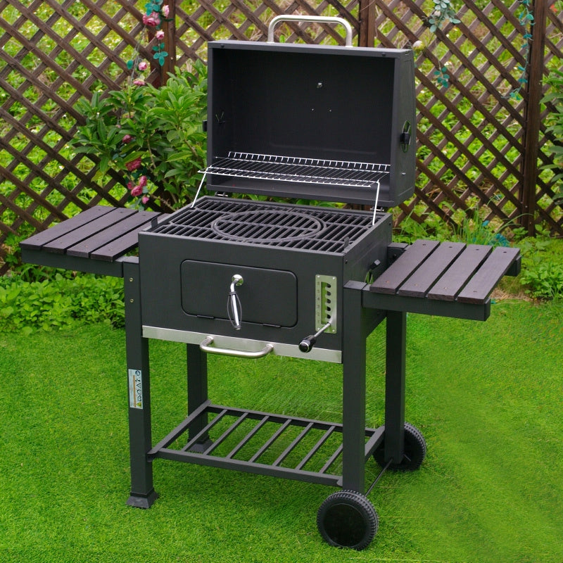 Grill Węglowy z Pokrywą i Półkami na Kółkach Ogrodowy XXL Szary Termometr