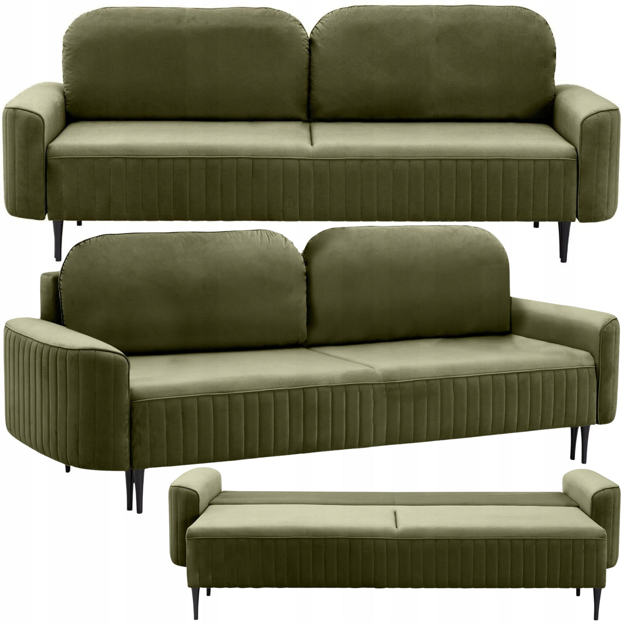 Sofa Rozkładana z Pojemnikiem na Pościel Welurowa Zielona 244x102 cm