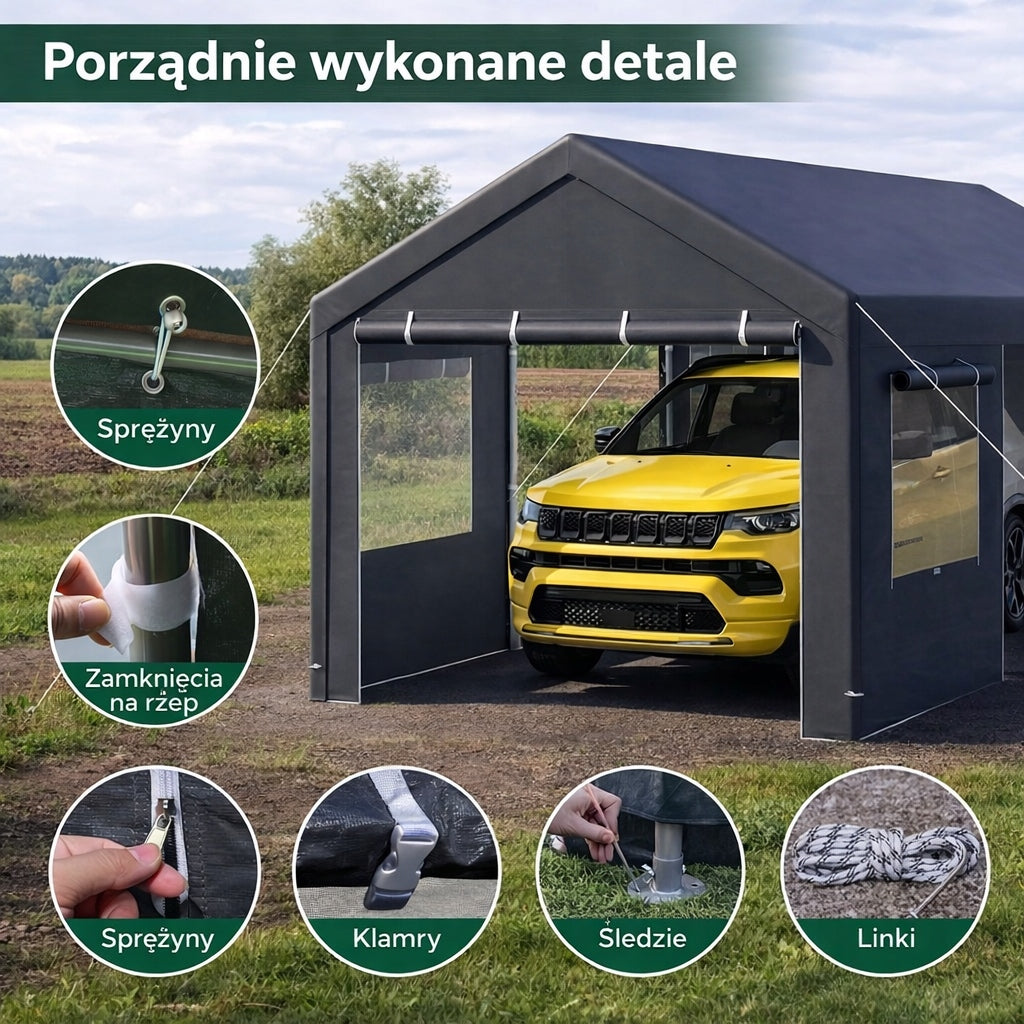 Garaż Namiotowy Magazynowy Wiklinowy Wiata Odporny na Zimę Samochodu 17m2