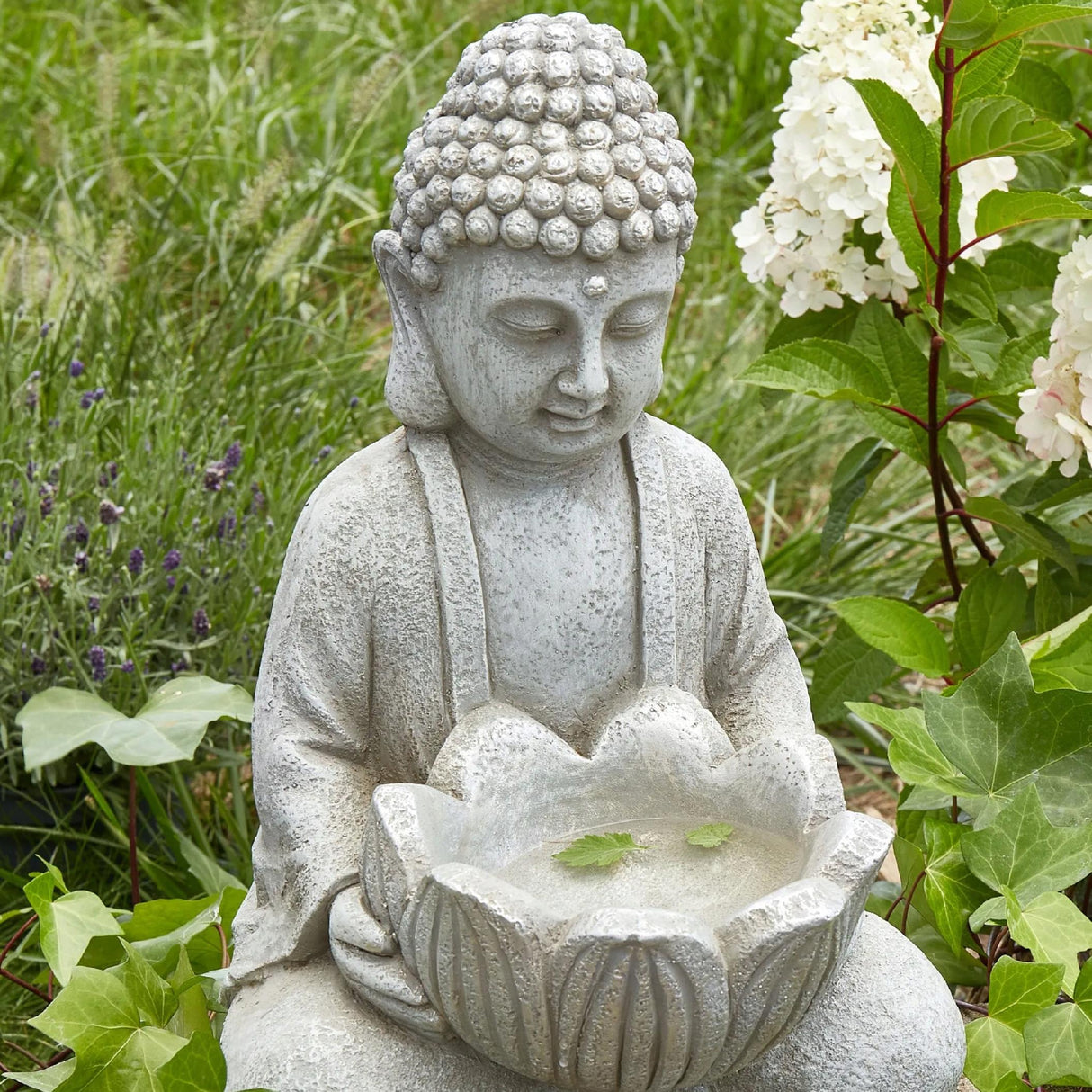 Figurka Ogrodowa Dekoracyjna do Ogrodu Wnętrza Ozdobna Siedzący Budda Szary