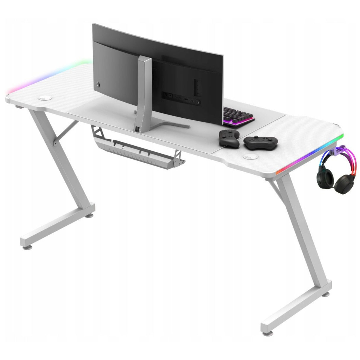 Biurko Komputerowe Gamingowe Ledy RGB Pilot + Podkładka XXL Karbon Białe