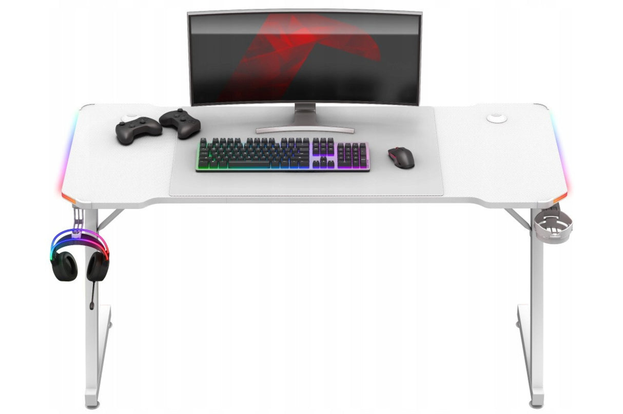 Biurko Komputerowe Gamingowe Ledy RGB Pilot + Podkładka XXL Karbon Białe
