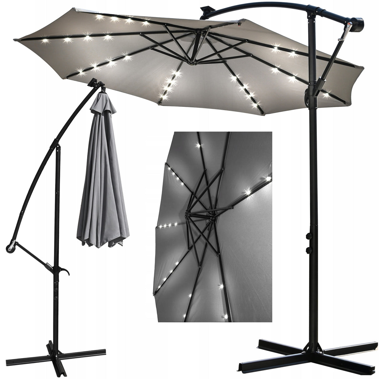 Parasol Ogrodowy Z Wysięgnikiem LED Z Oświetleniem Solar Szary 350 cm