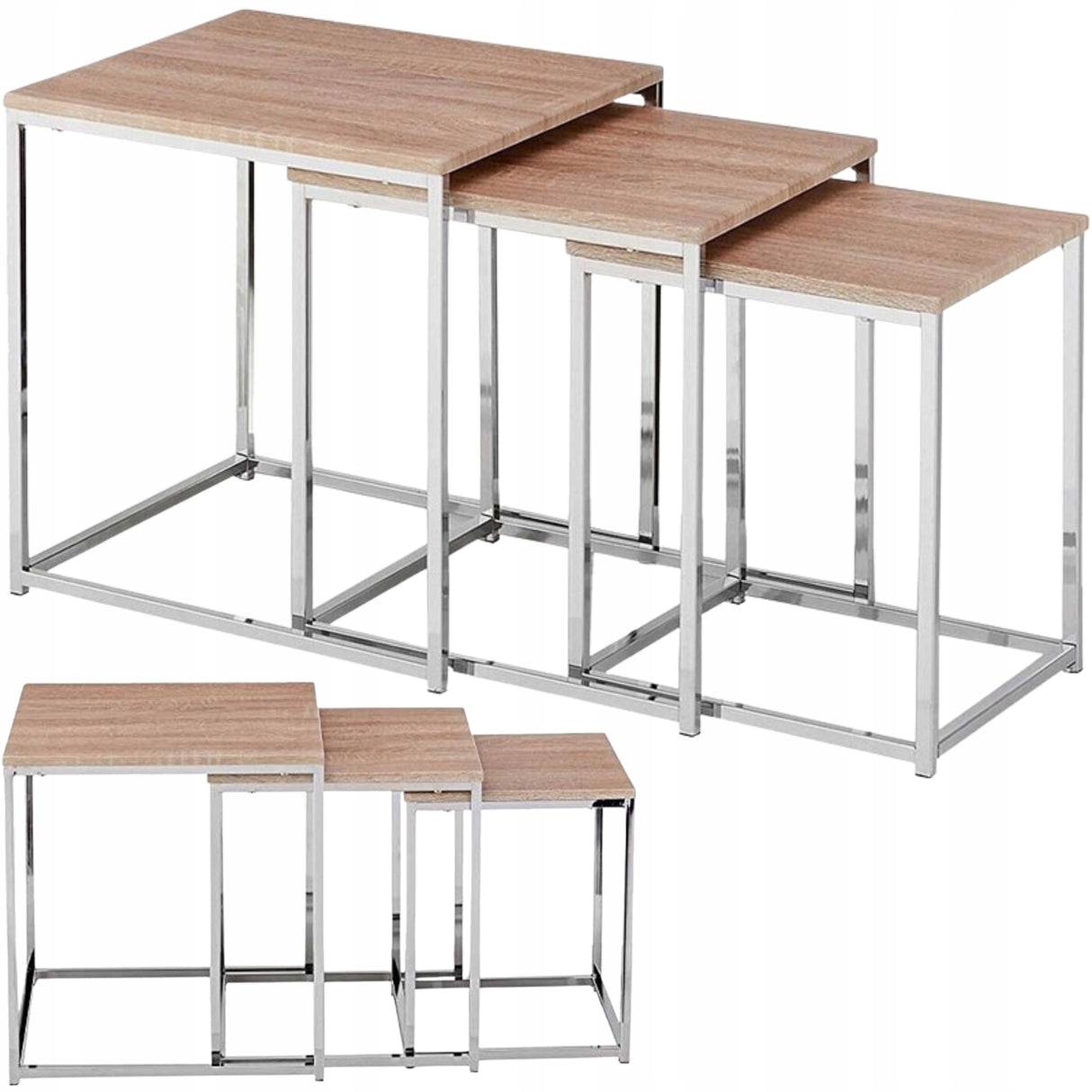 Stolik Kawowy Zestaw 3-Częściowy Chrom Jasny Dąb Imitacja MDF Stabilny