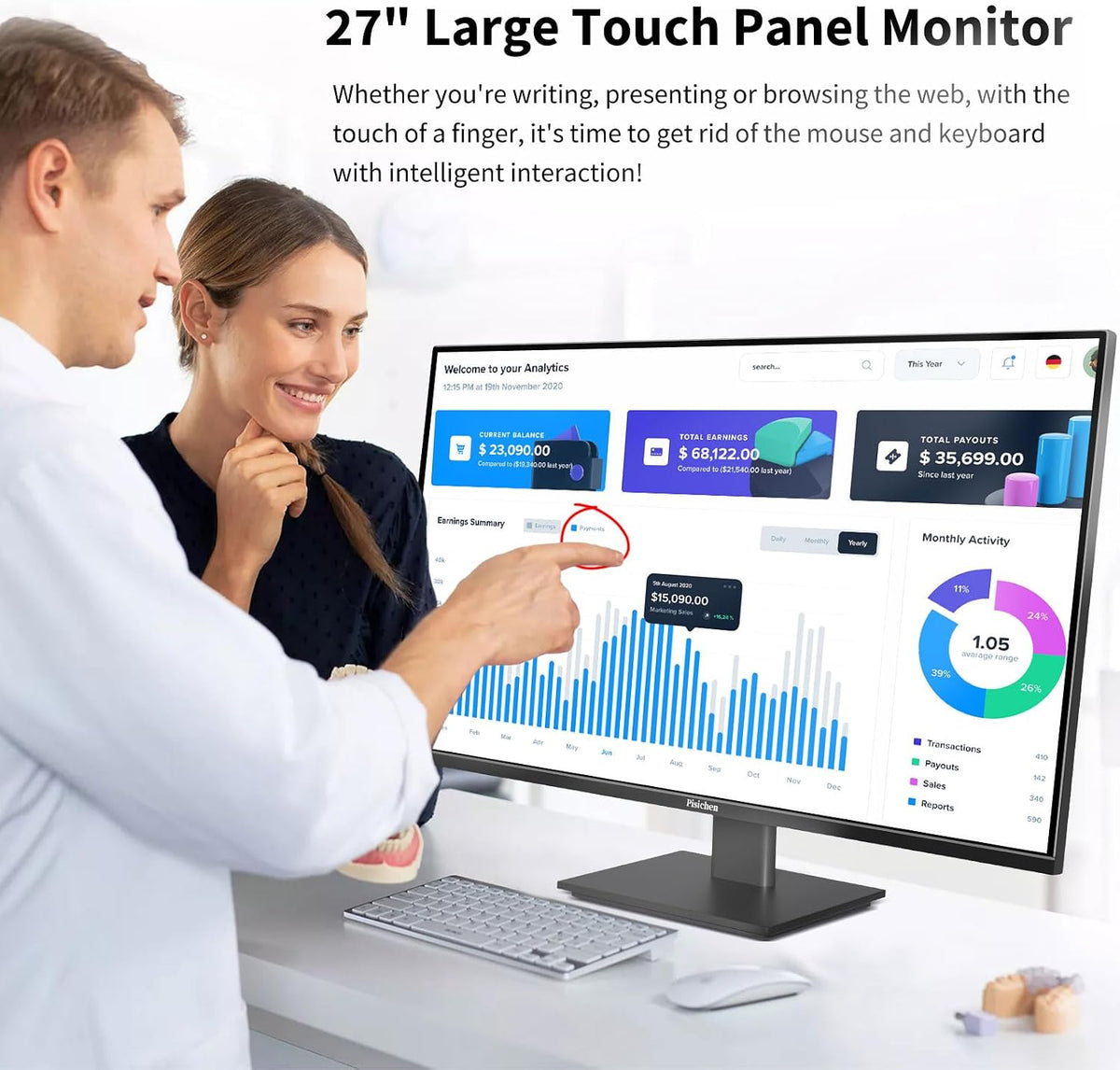 Monitor Dotykowy Pisichen 27" Cali 2K QHD 100Hz IPS 10-pkt Dotyk USB-C