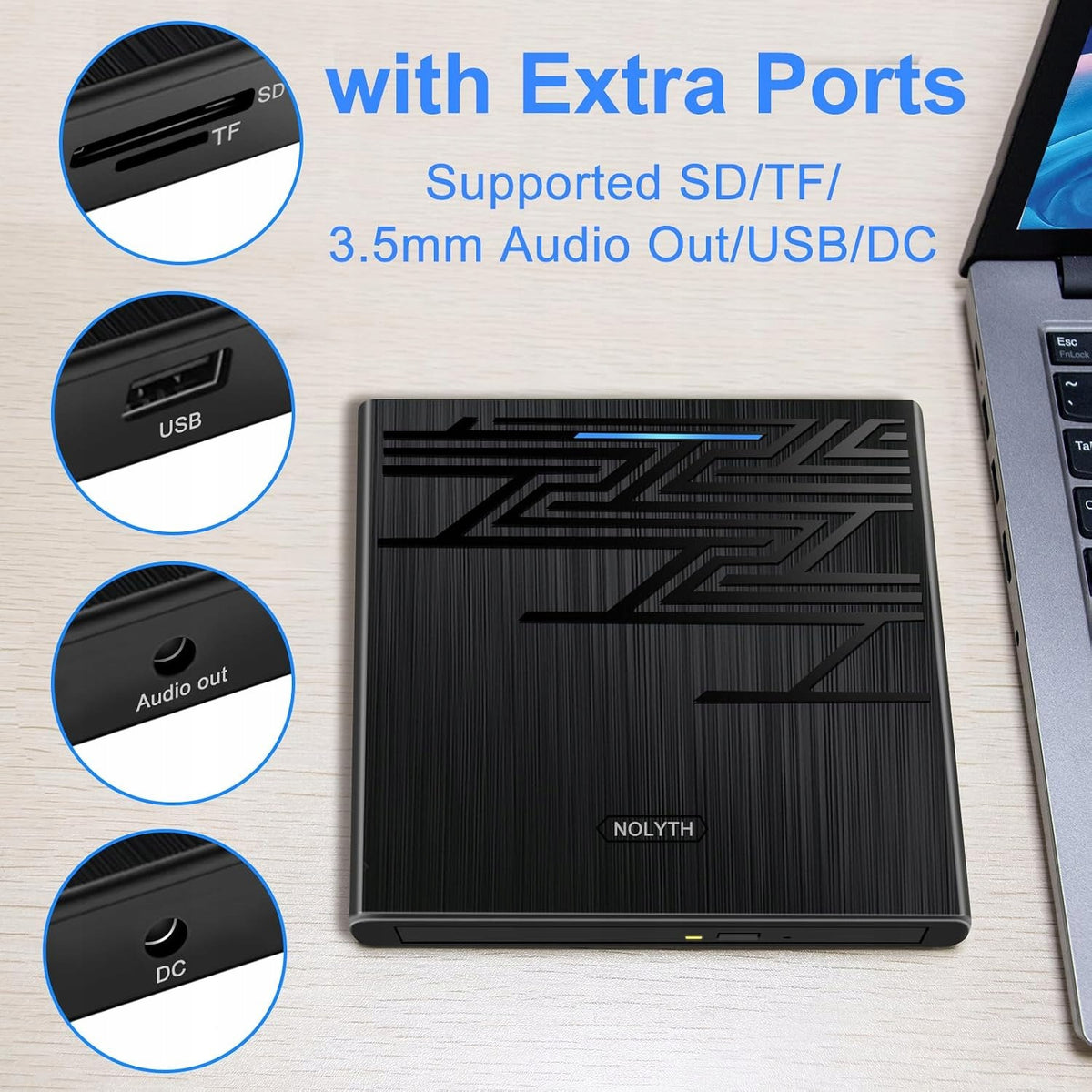 Zewnętrzny Napęd Nolyth CD DVD CT06 Czarny USBC Gniazdo Audio 3,5mm hub USB