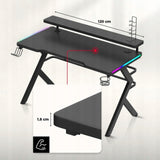 Biurko Gamingowe dla Gracza Młodzieżowe z Nadstawką+Uchwyty RGB LED Czarne