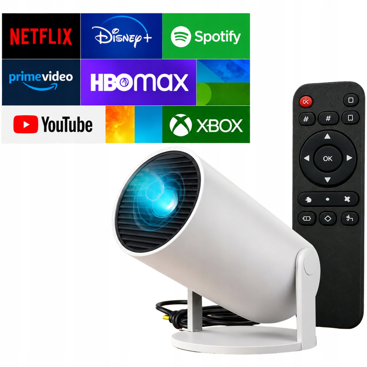 Projektor Rzutnik Przenośny Obrotowy Smart Głośnik Android TV Wi-Fi Full HD