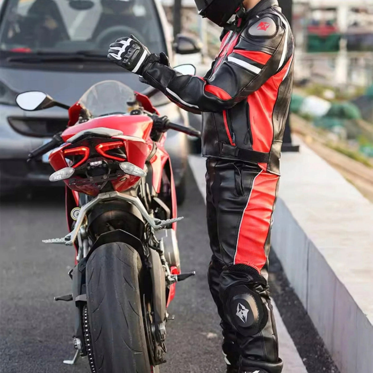 Motocyklowe Spodnie Skórzane Czarno-Czerwone Ochronne Stylowe Rozmiar M