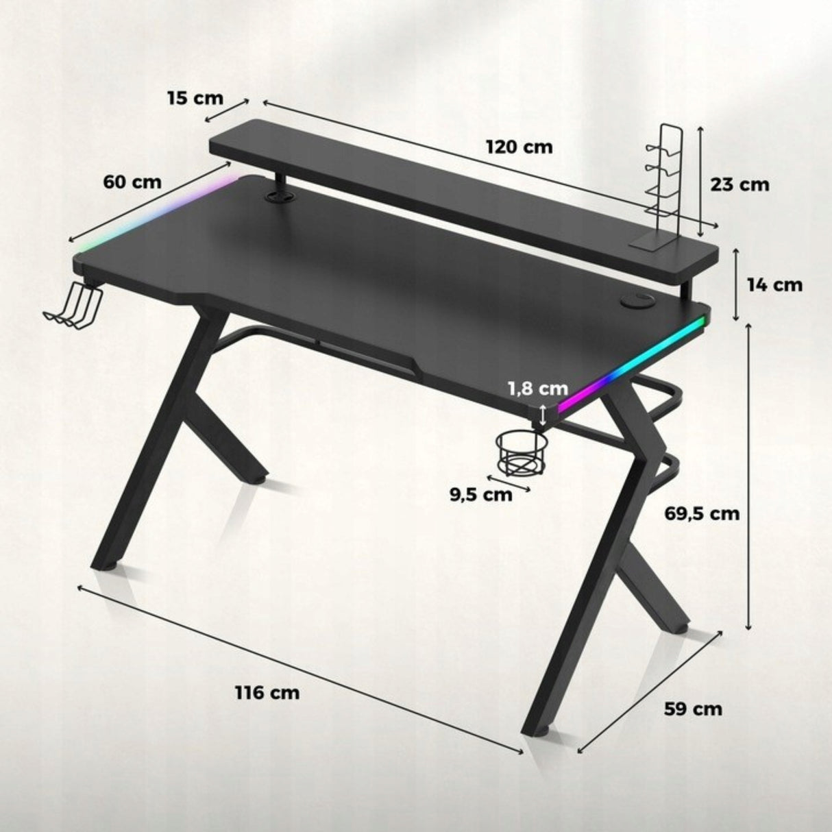 Biurko Gamingowe dla Gracza Młodzieżowe z Nadstawką+Uchwyty RGB LED Czarne