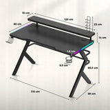 Biurko Gamingowe dla Gracza Młodzieżowe z Nadstawką+Uchwyty RGB LED Czarne