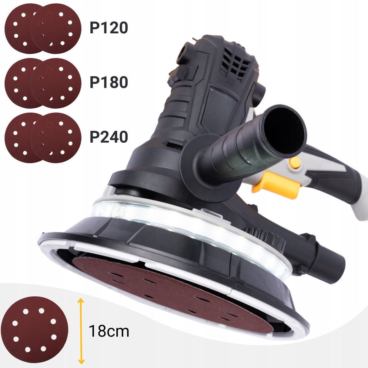 Szlifierka do Gładzi Gipsu Tynku Ścian z Odsysaniem Led 180mm + 6 Papierów