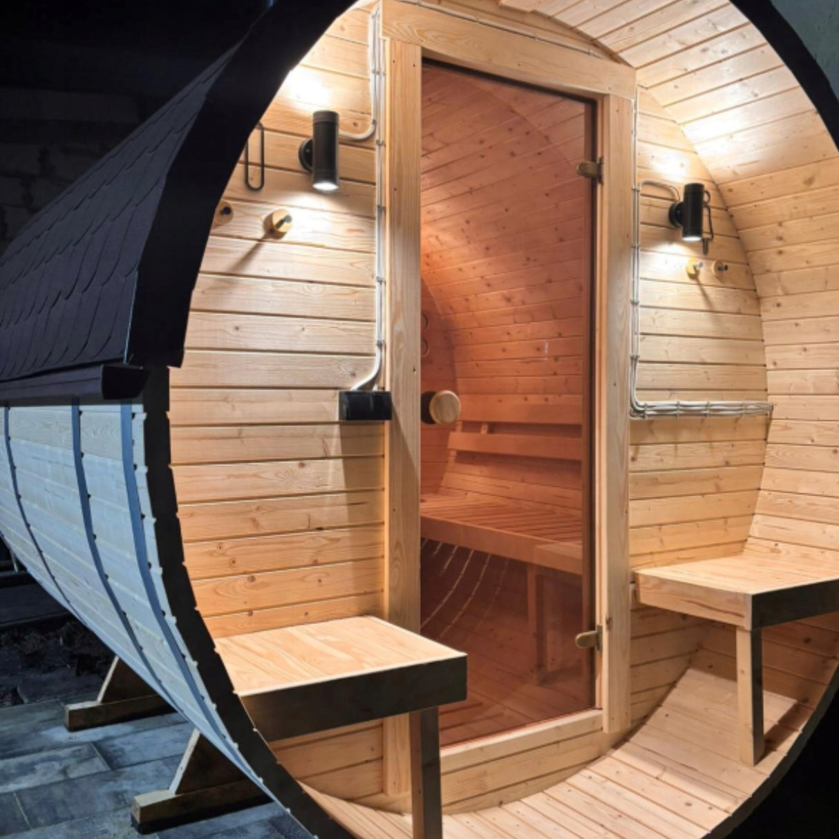 Sauna Ogrodowa Beczka 240 cm z Piecem HARVIA PC90 i Balią Szwedzkie Drewno