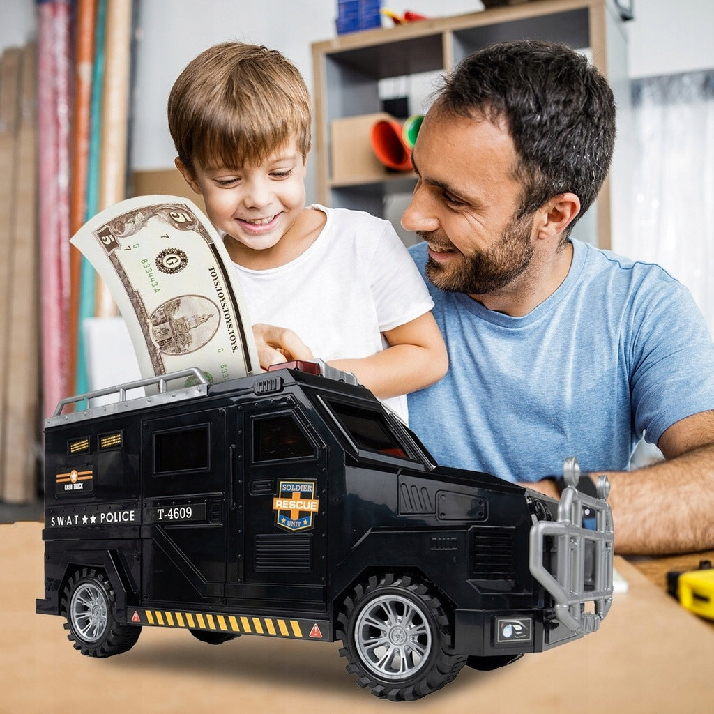Skarbonka Sejf na Monety Banknoty PIN Bankomat dla Dzieci Auto Policyjne