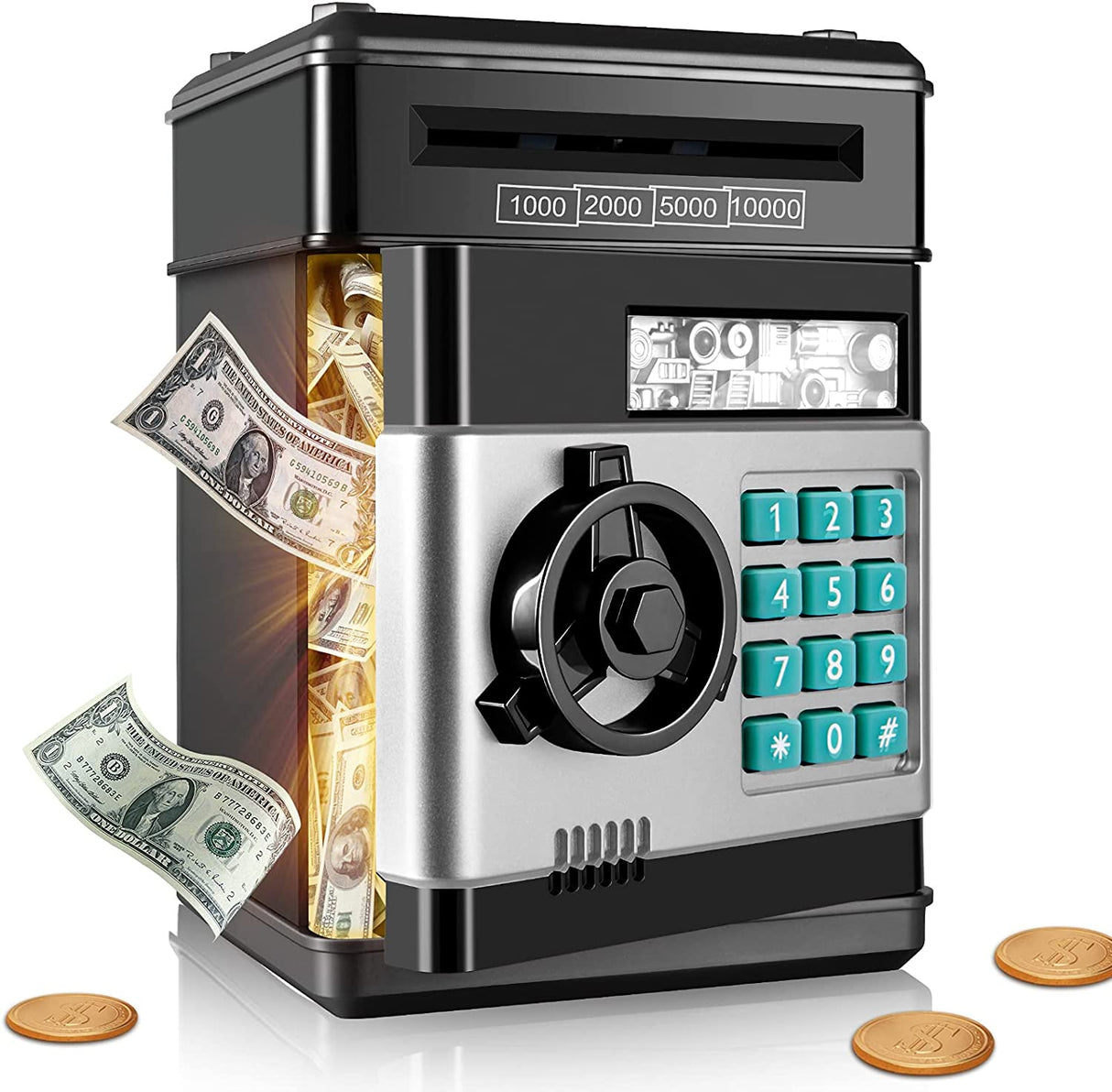 Skarbonka Sejf Bankomat Dla Dzieci z PIN LED Dźwięk Alarm Banknoty Efektami