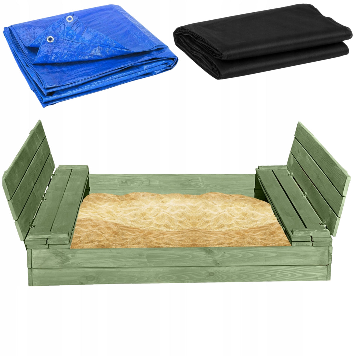 Piaskownica Drewniana 150x150XXL Składana Zamykana Z Ławkami Zielona+GRATIS