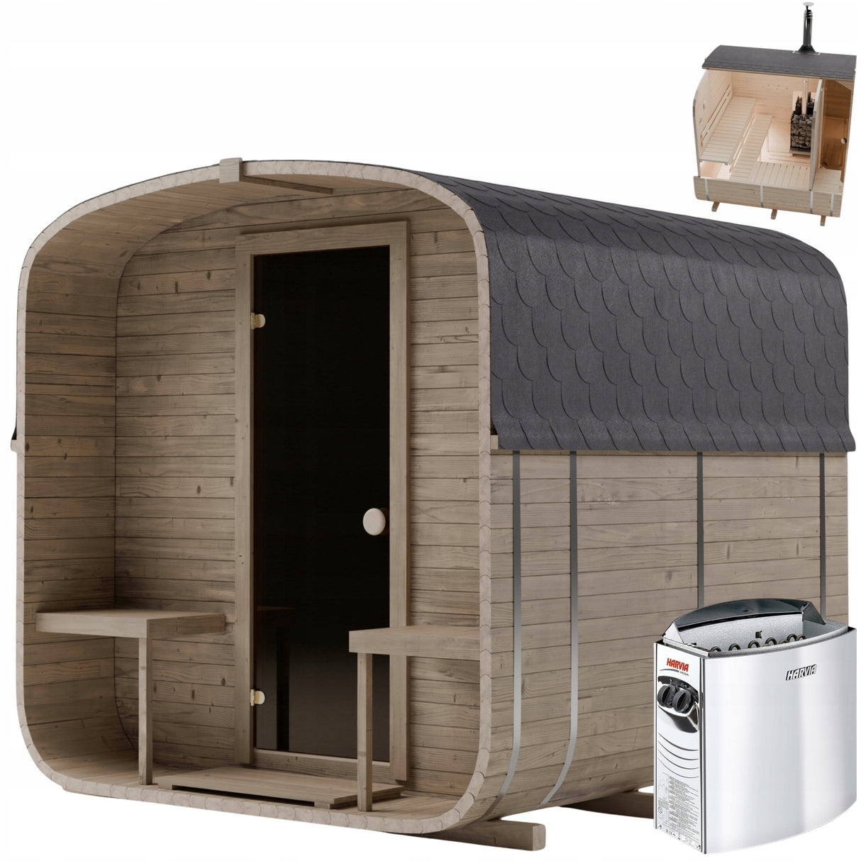 Sauna Ogrodowa Quadro 240 cm Szwedzkie Drewno z Piecem HARVIA VEGA BC80