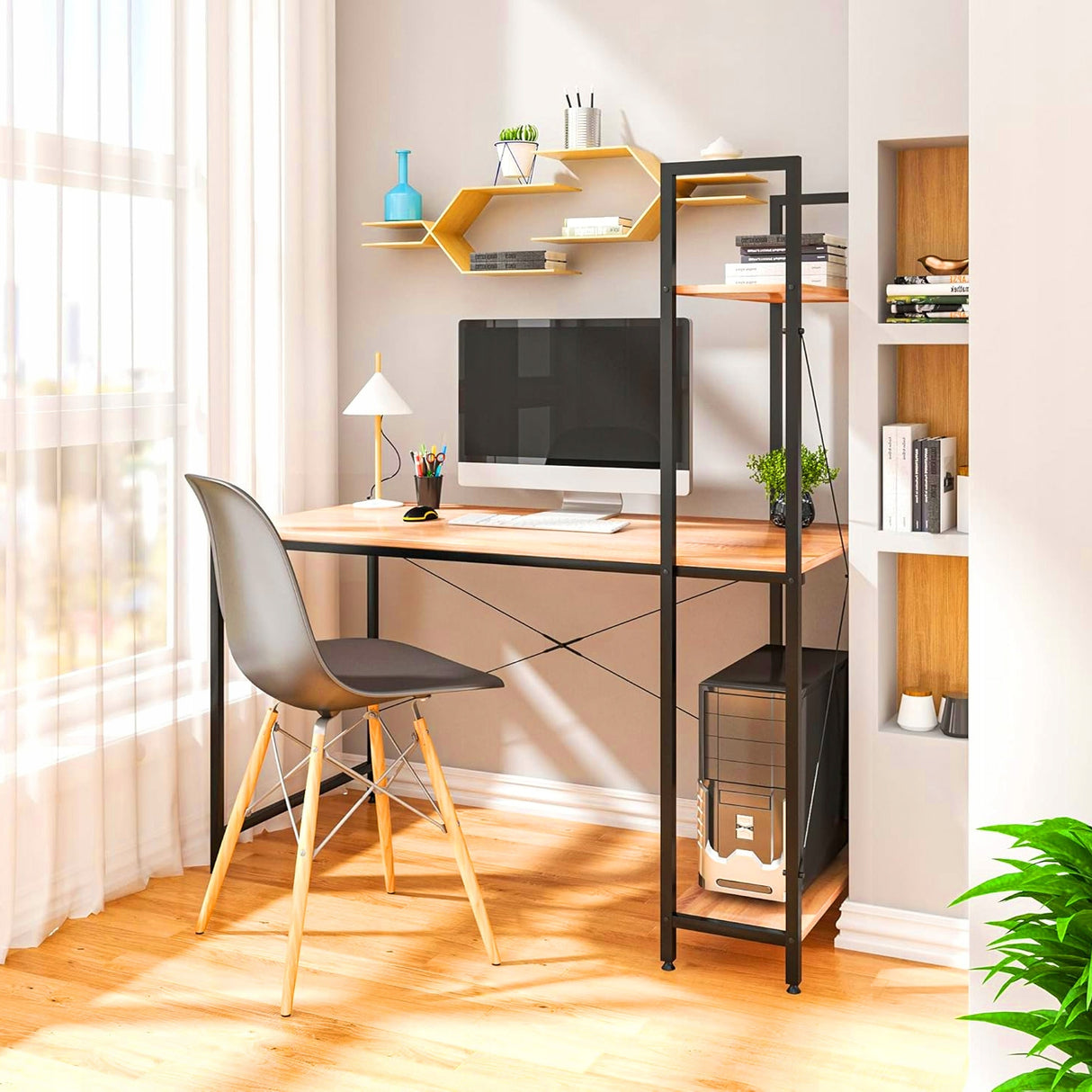Biurko Komputerowe Loft z Półkami Drewniano-Metalowe 120x60 cm Dąb Miodowy