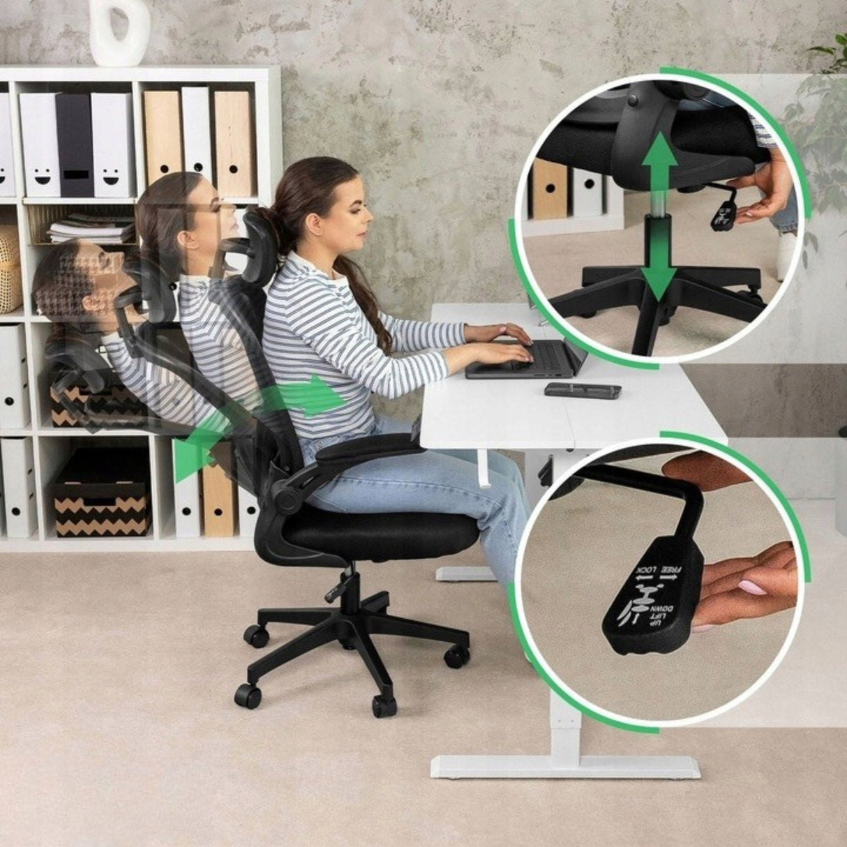 Fotel Obrotowy Biurkowy z Regulacją Materiałowy Ergonomiczny Czarny 126cm
