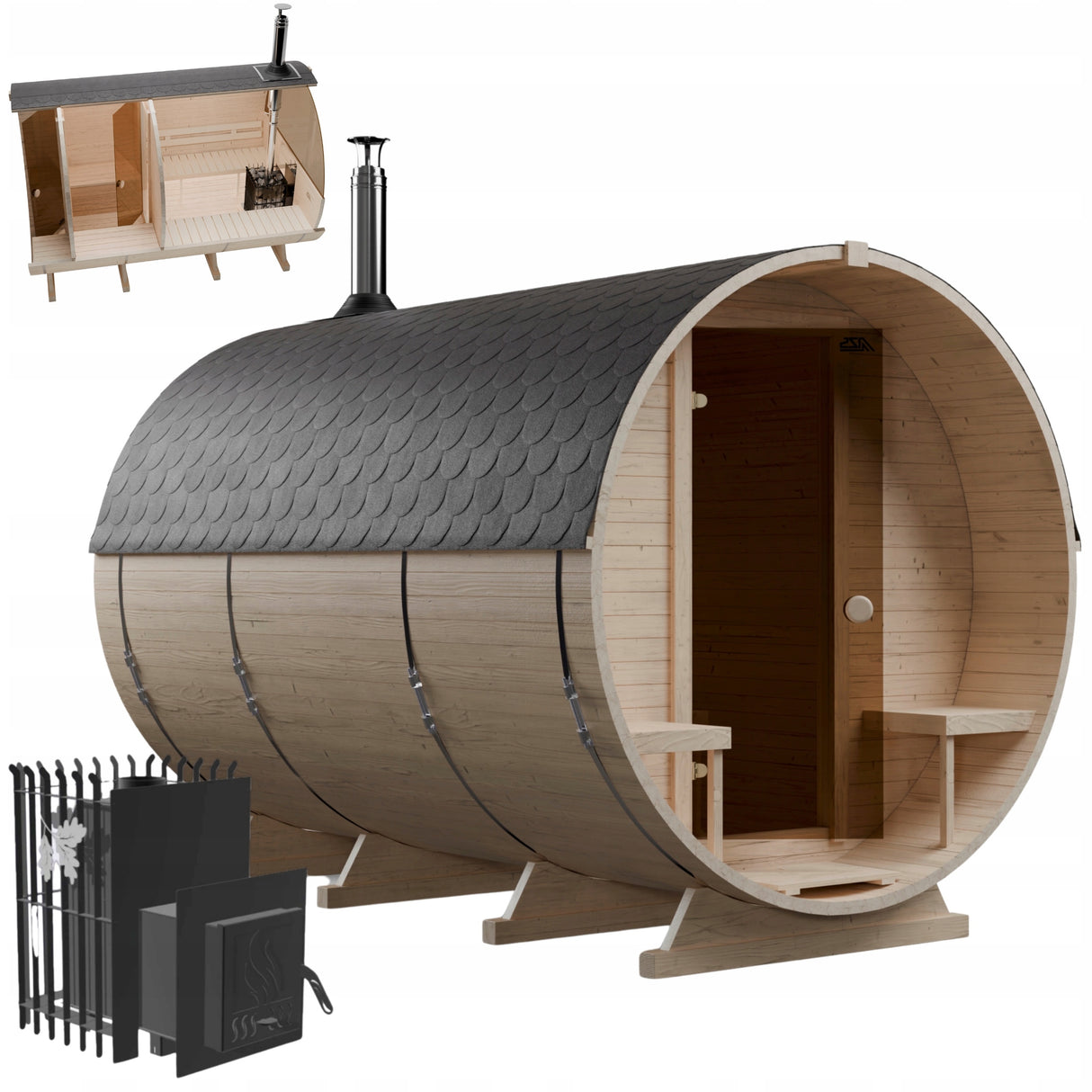 Sauna Ogrodowa Zestaw z Piecem na Drewno Beczka 340 cm Szwedzkie Drewno