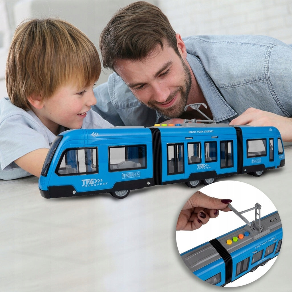 Tramwaj Trolejbus Zabawka na Baterie Światło Dźwięk Otwierane Drzwi 44cm