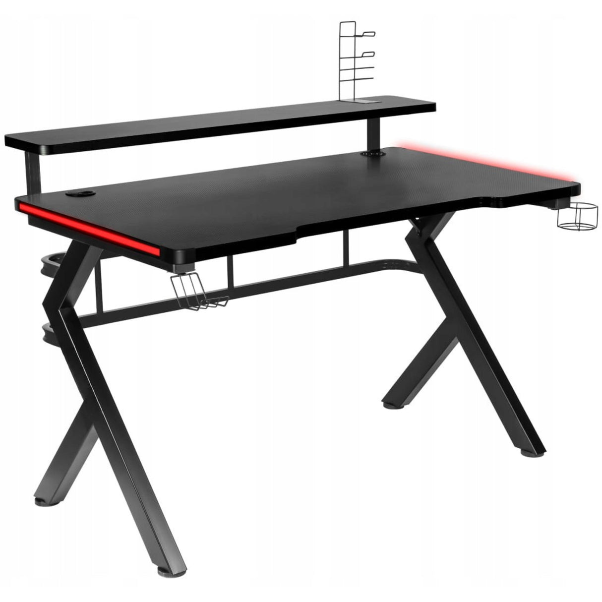 Biurko Gamingowe dla Gracza Młodzieżowe z Nadstawką+Uchwyty RGB LED Czarne