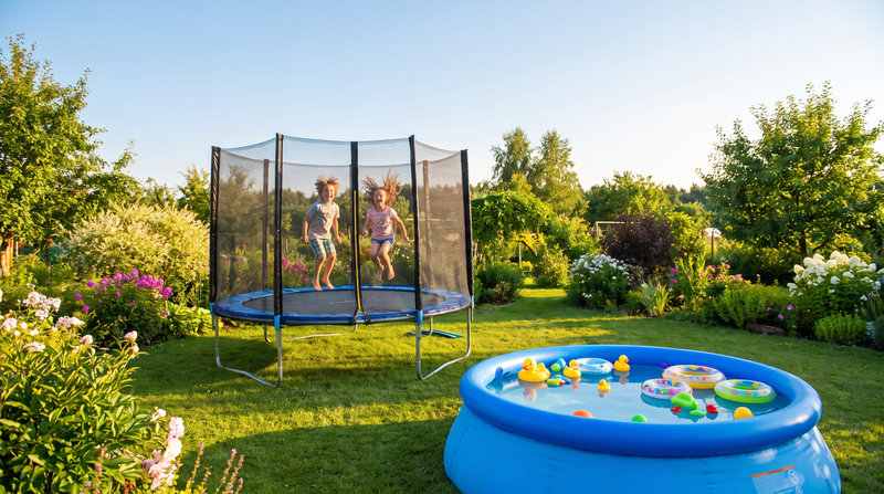 Trampolina i basen - zabawa w ogrodzie